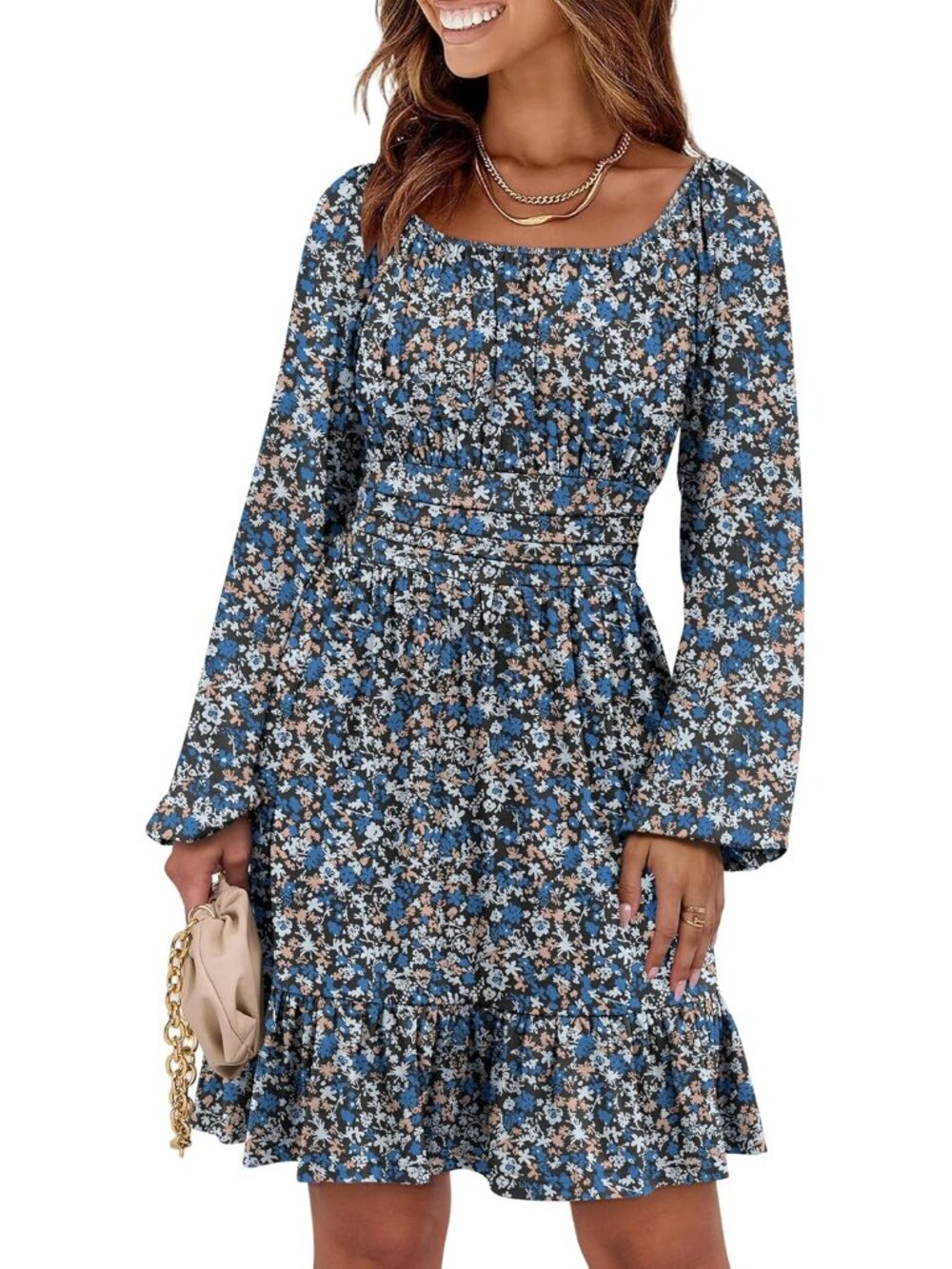 Women's Blue And White Long Lantern Sleeve Ruffle Flowy Swing A-Line Short Dress - Picture 2 of 6